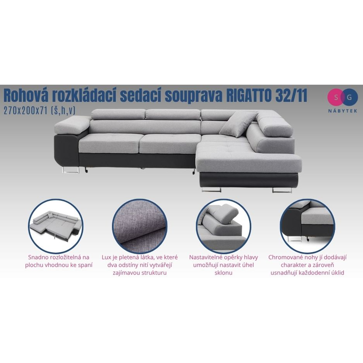 Rohová rozkládací sedací souprava RIGATTO 32/11 — fotka 6