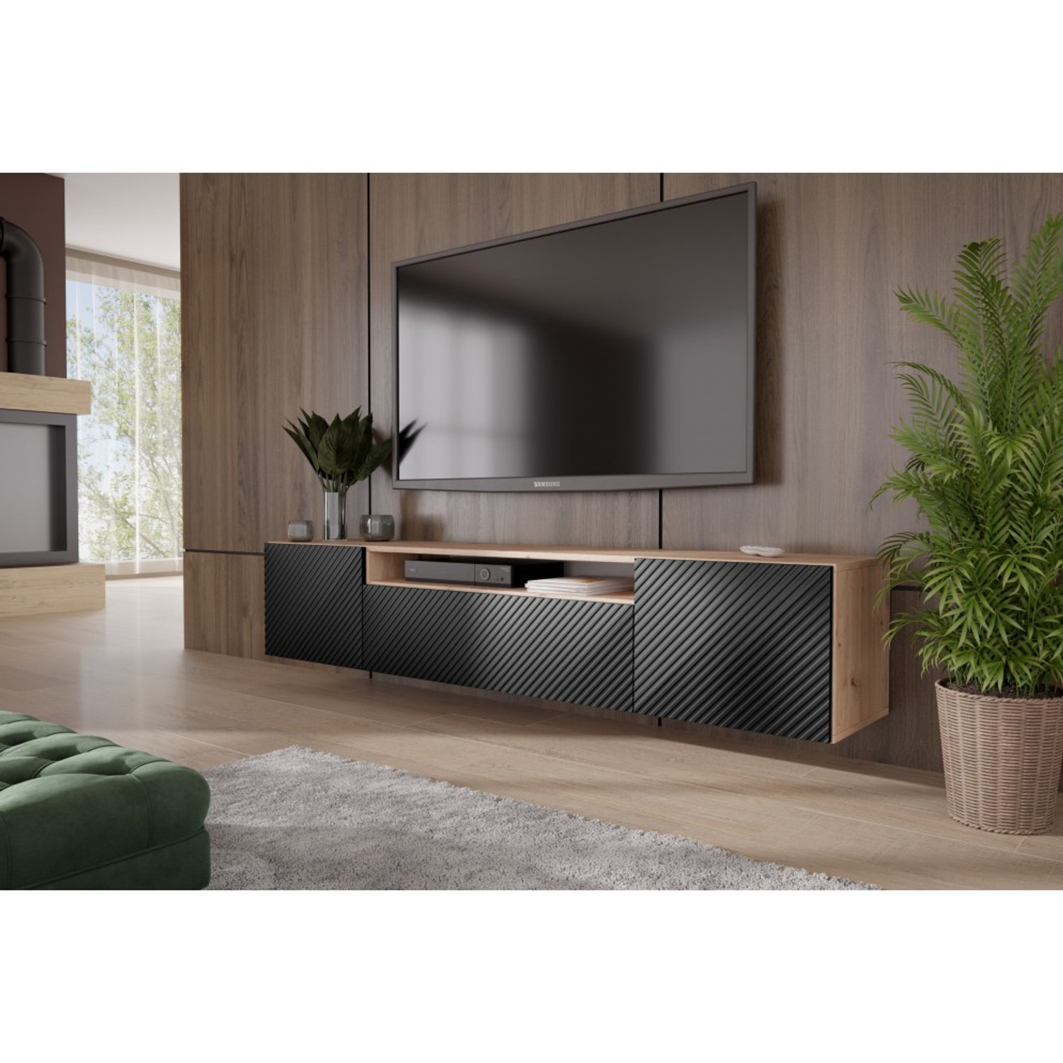 Závěsný televizní stolek RTV Neo 200 cm Dub artisan - černá — fotka 3