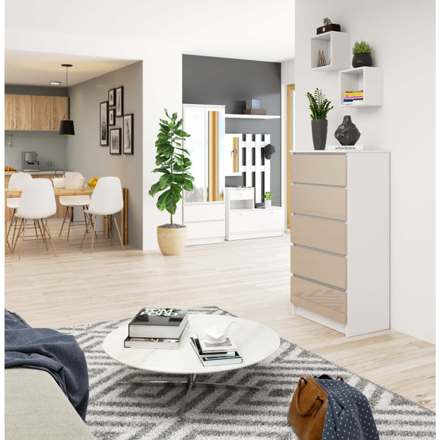 Komoda K60 5SZ cappuccino lesk bílá — fotka 3