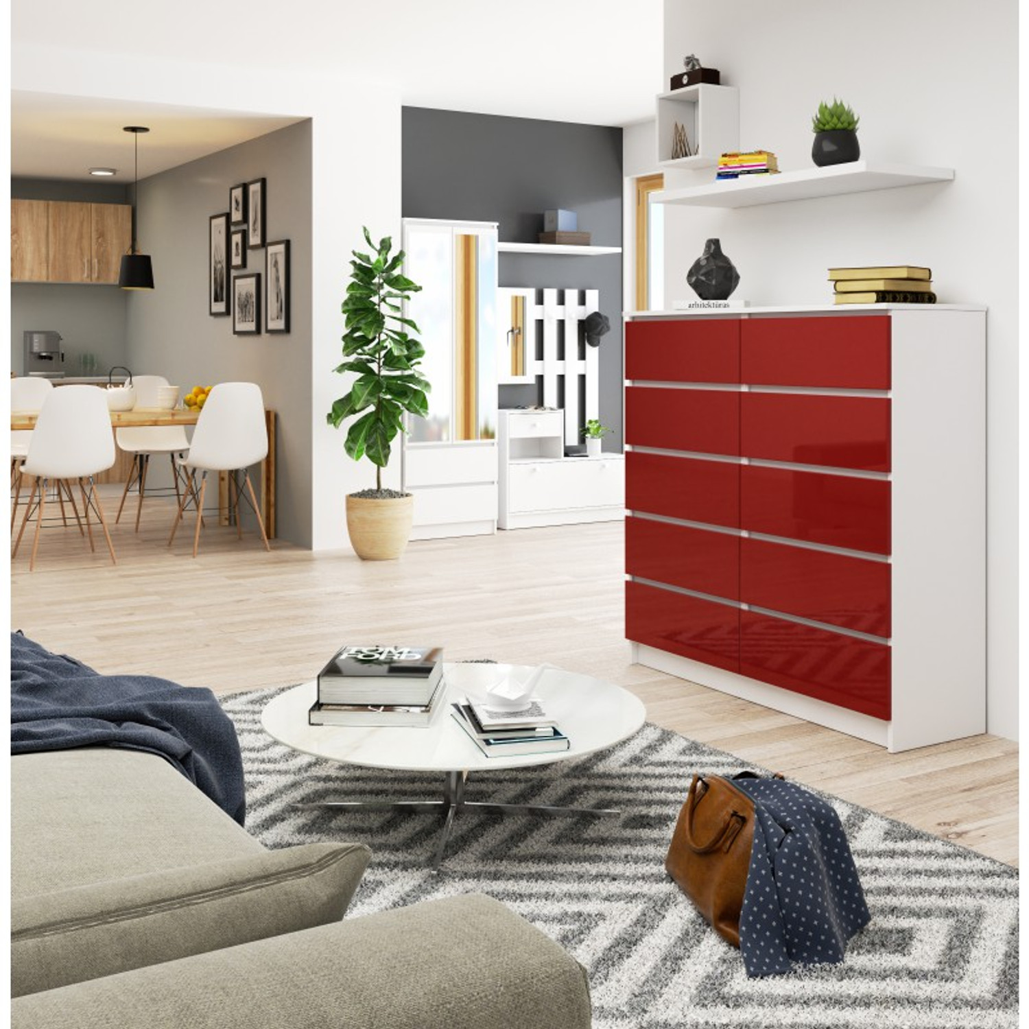 Komoda K120 10SZ červená lesk bílá — fotka 2