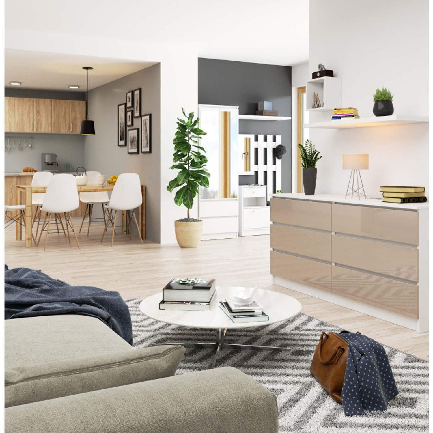 Komoda K160 6SZ cappuccino lesk bílá — fotka 3