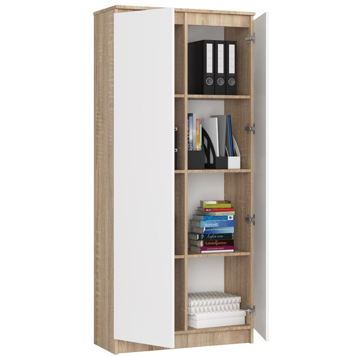 Regál R 80 cm CLP 4 dvířka 8 poliček dub sonoma/bílá — fotka 2