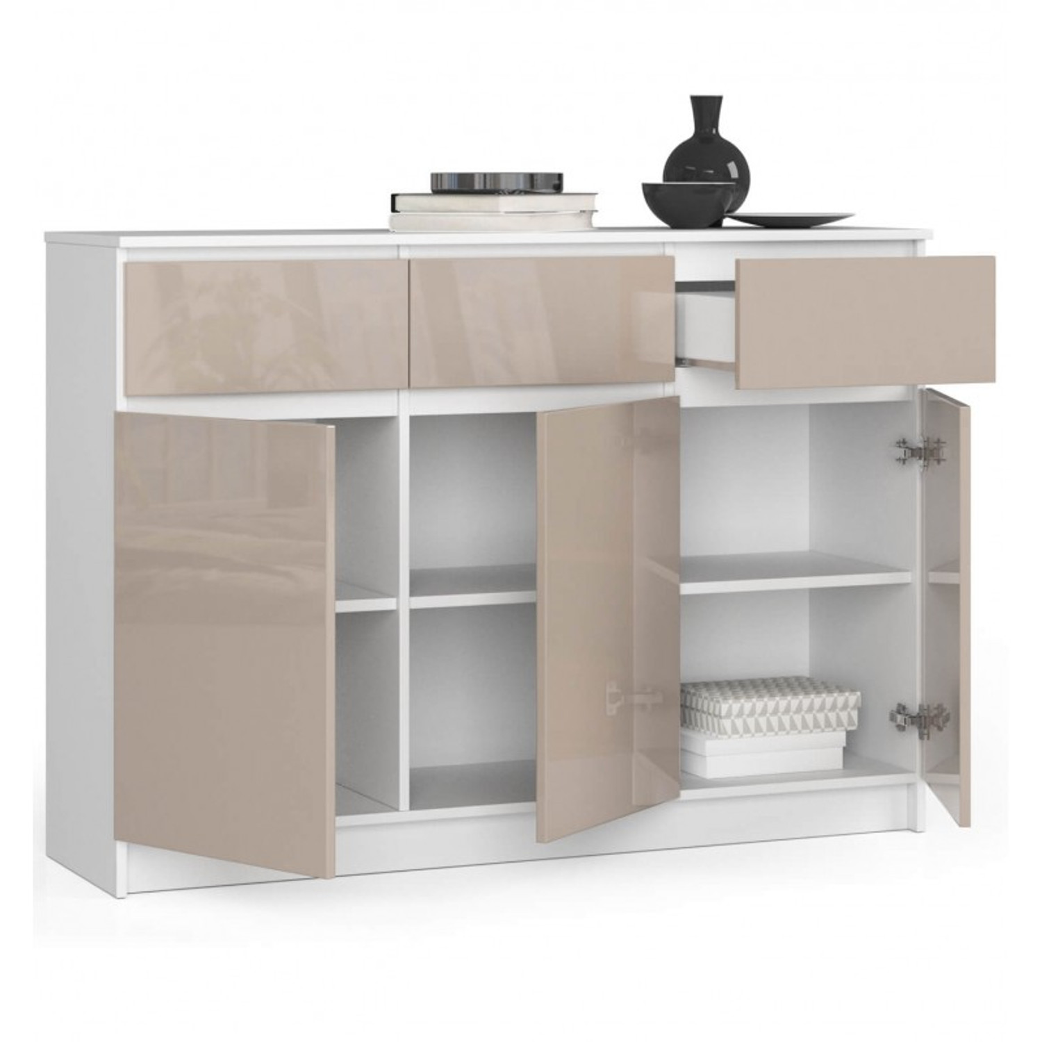Komoda K140 3D3SZ bílá/cappuccino lesk — fotka 2