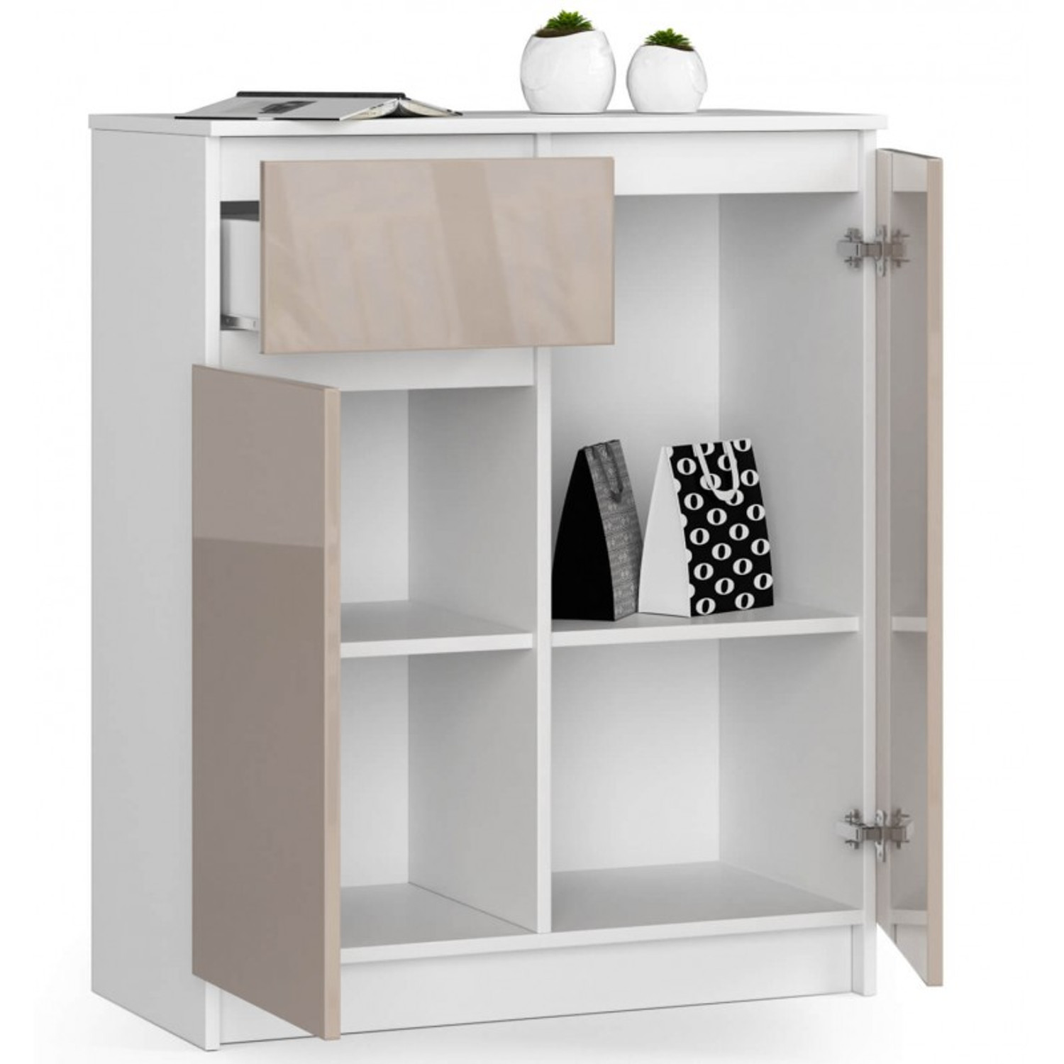 Komoda K80 2D1SZ bílá/cappuccino lesk — fotka 2