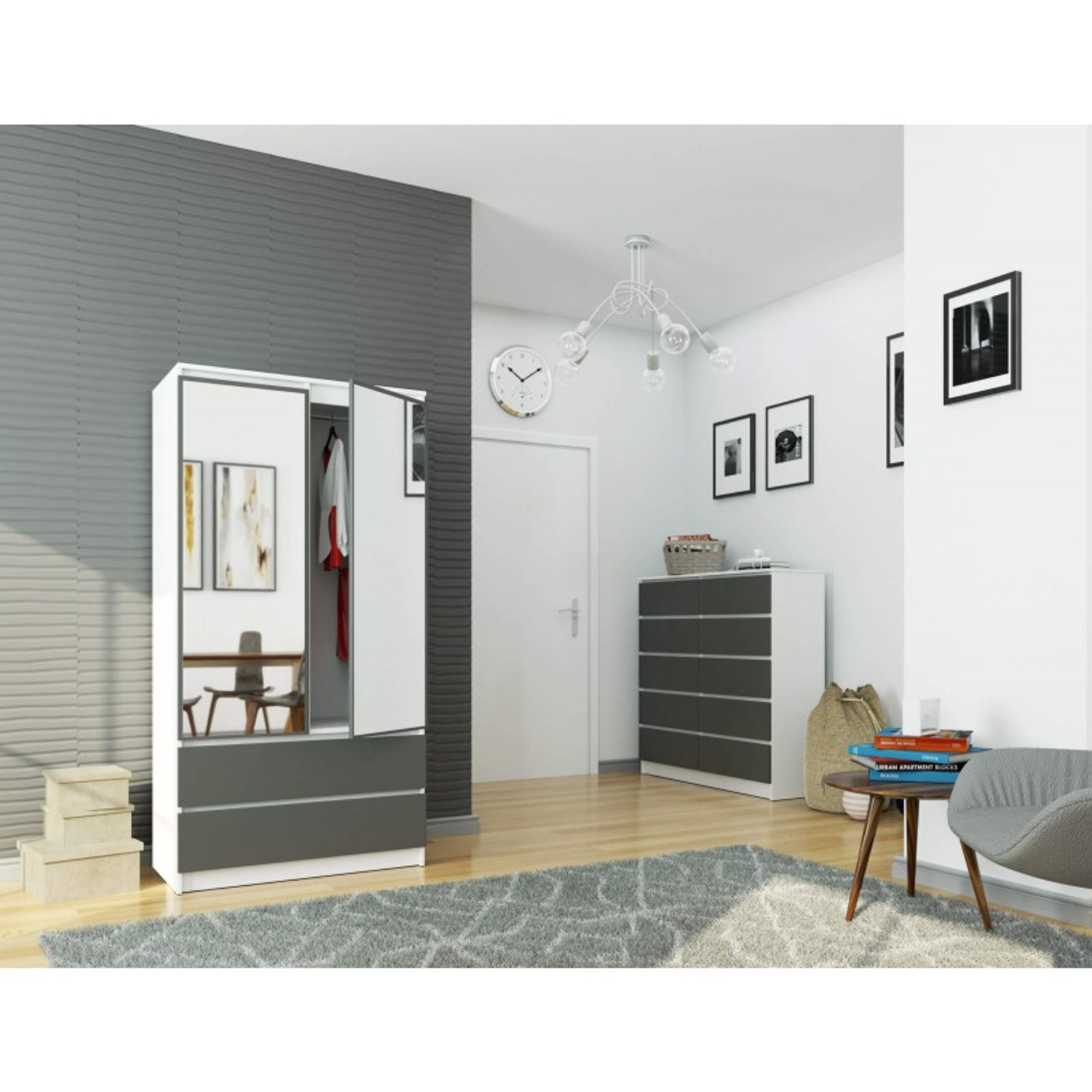 Šatní skříň S90 2D 2SZ CLP se zrcadlem, bílá/šedá — fotka 5