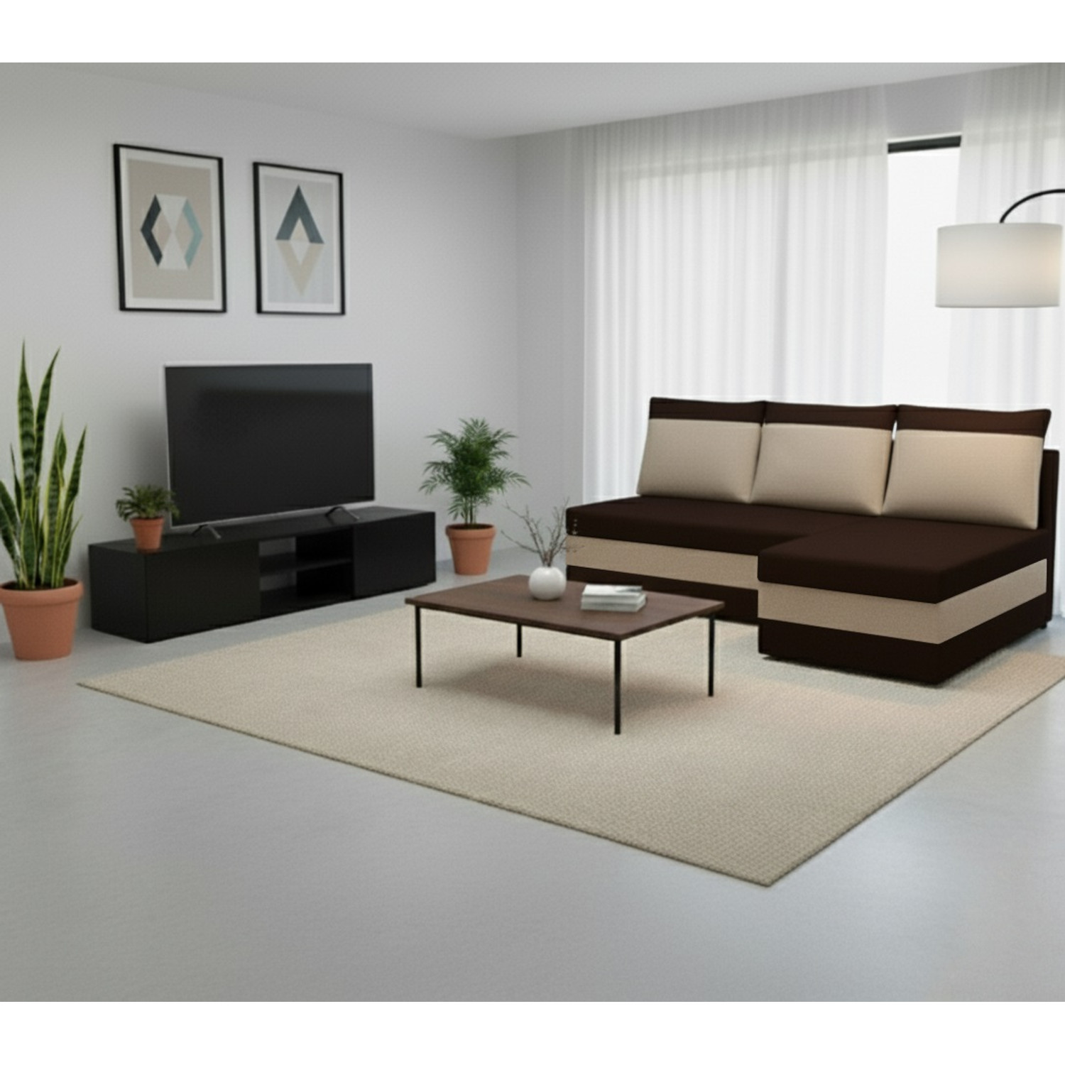 Rozkládací rohová sedací souprava ANDRE Hnědá/béžová